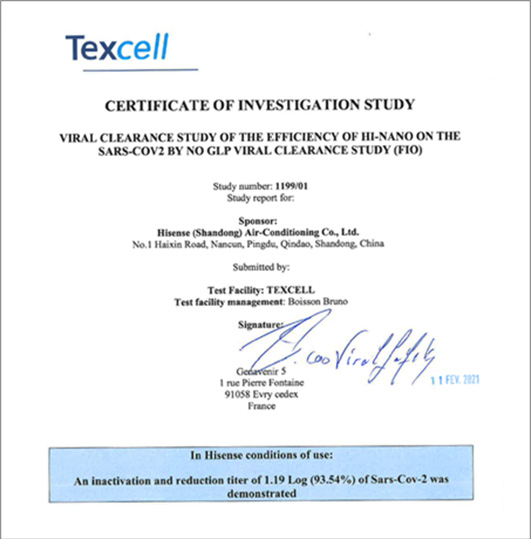 Texcell has verified the inhibitory effect on the novel coronavirus (SARS-CoV-2) of Hisense’s HI-NANO technology.